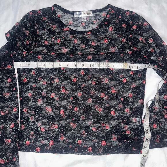 Y2K Madden Girl Black Floral Lace Long Sleeve Sheer Babydoll Coquette Tee - Picture 4 of 6